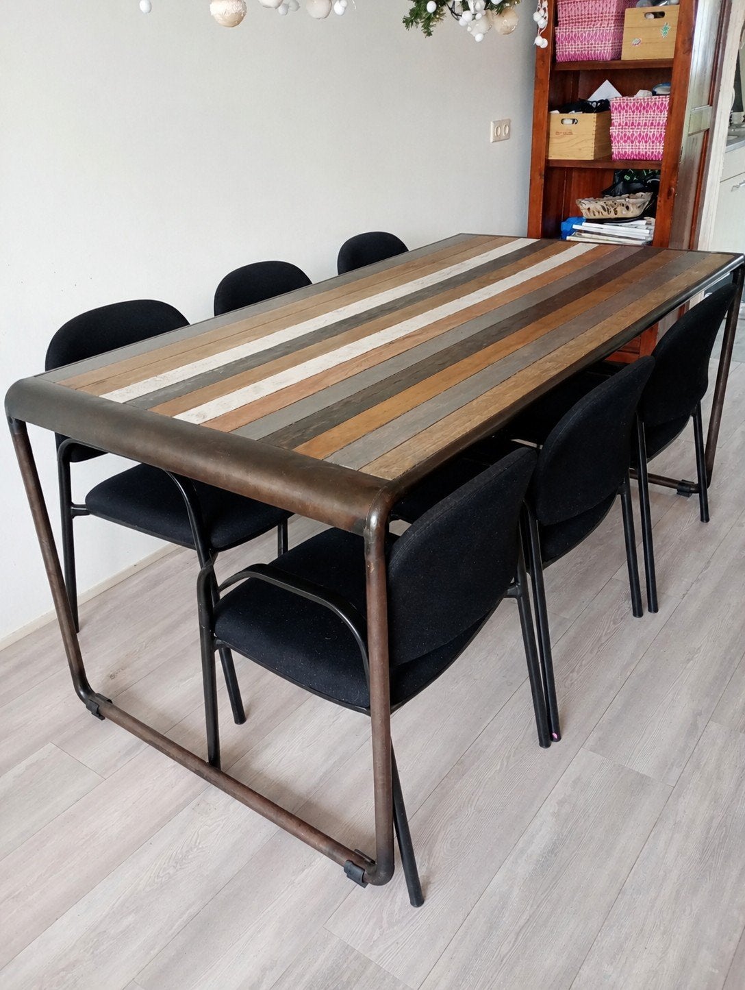 6 persoons tafel industrieel, Huis en Inrichting, Gebruikt, Teakhout, Vijf personen of meer, 150 tot 200 cm