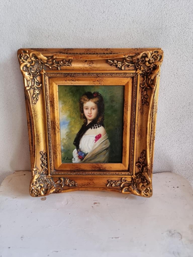 Olieverf portret met certificaat gouden lijst  schapenweide, Antiek en Kunst, Curiosa en Brocante, Ophalen of Verzenden