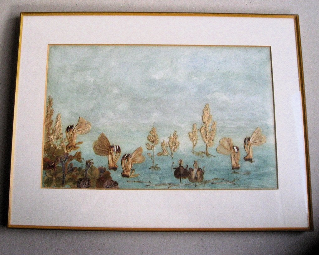 Droomlandschap, collage zaden, peulen en pluimen, ingeliijst, Ophalen of Verzenden