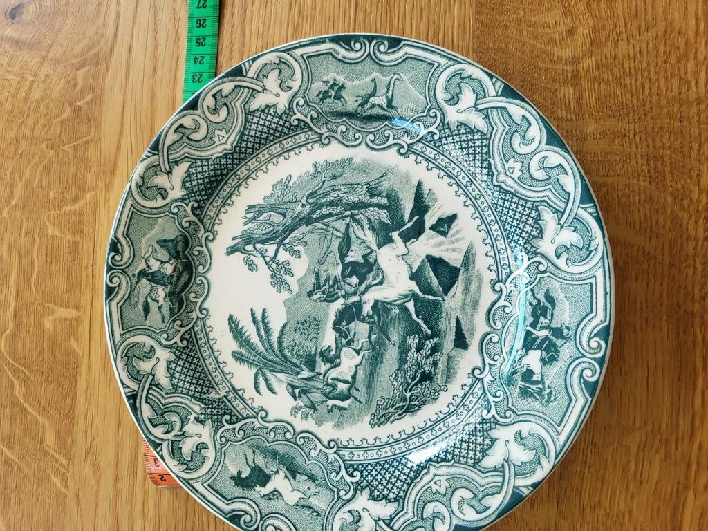 Vintage decoratief wandbord 24 cm - Groen/wit met jachtscène, Antiek en Kunst, Ophalen of Verzenden
