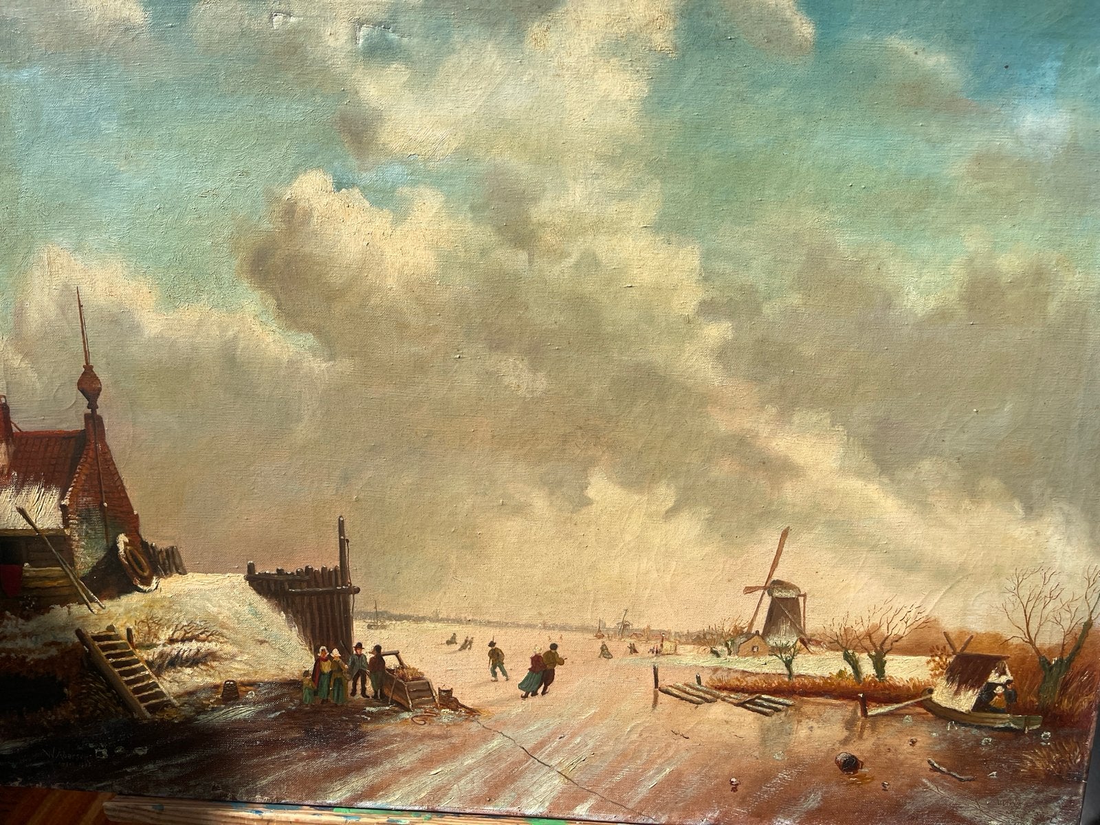 Antiek Hollands Winterlandschap Schilderij, Ophalen of Verzenden