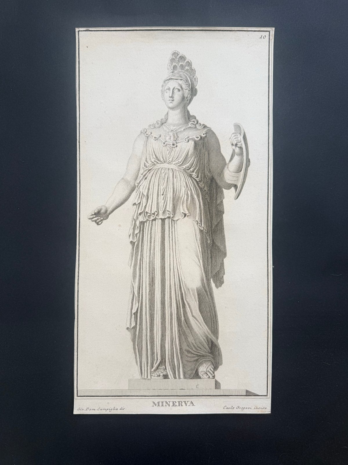 Antieke Gravure Minerva door Giovanni Domenico Campiglia, Mythologie, Ophalen of Verzenden, Gravure, Origineel