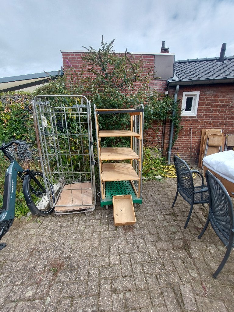 Transportkar met houten planken en rolcontainer, 100 liter of meer, Ophalen, Gebruikt, Transportkar
