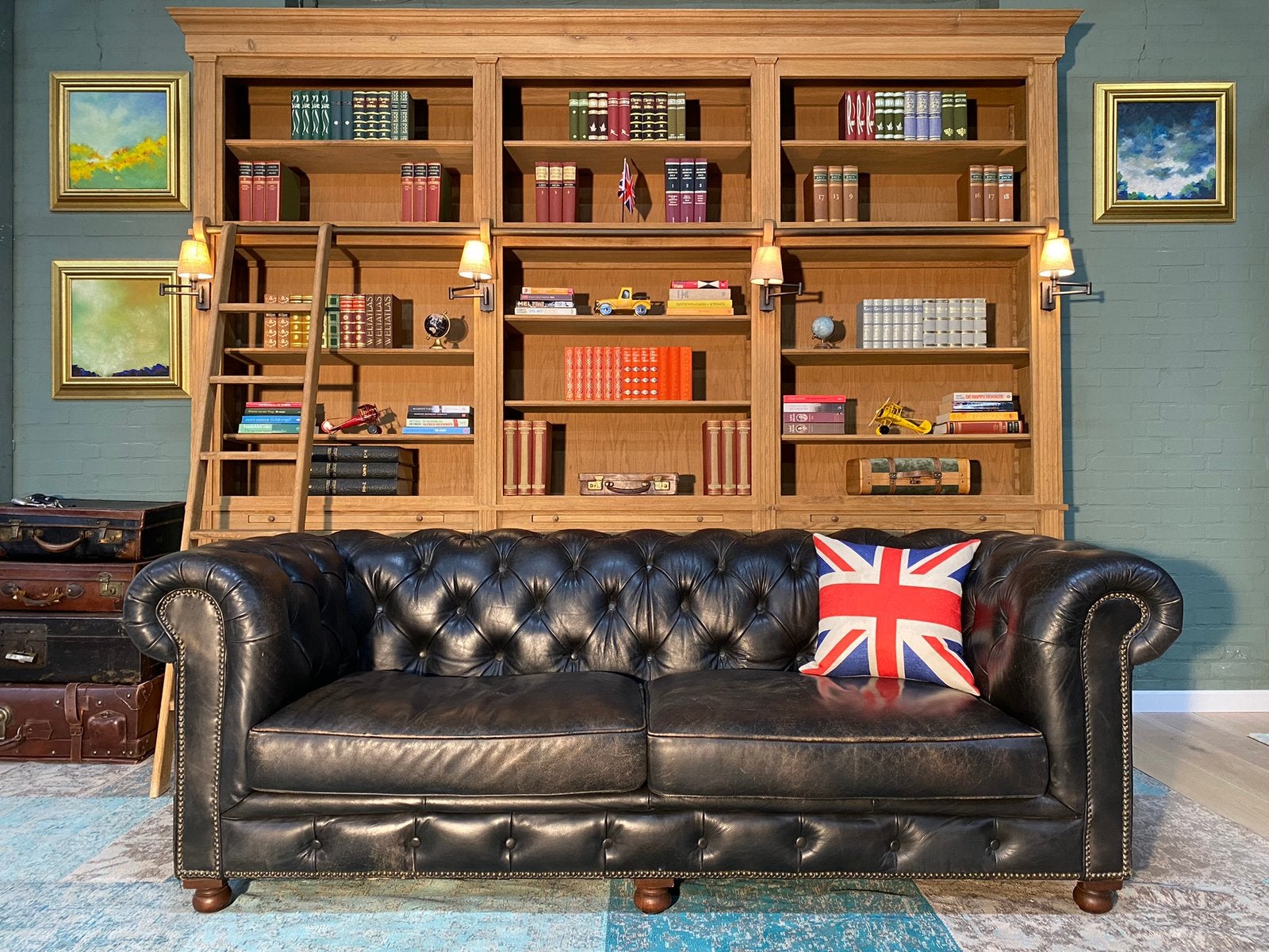 Stoere Engelse Chesterfield bank vintage zwart, Ophalen, Zo goed als nieuw, Rechthoekig, Leer