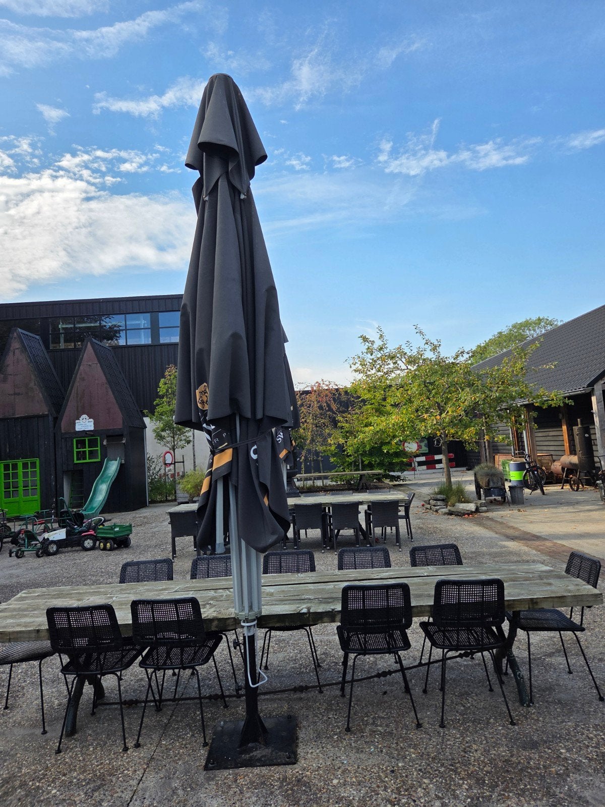 Grote Swinckels parasol 4x4m - Perfect voor Horeca/Tuin, Ophalen, Gebruikt, Waterdicht, Stokparasol