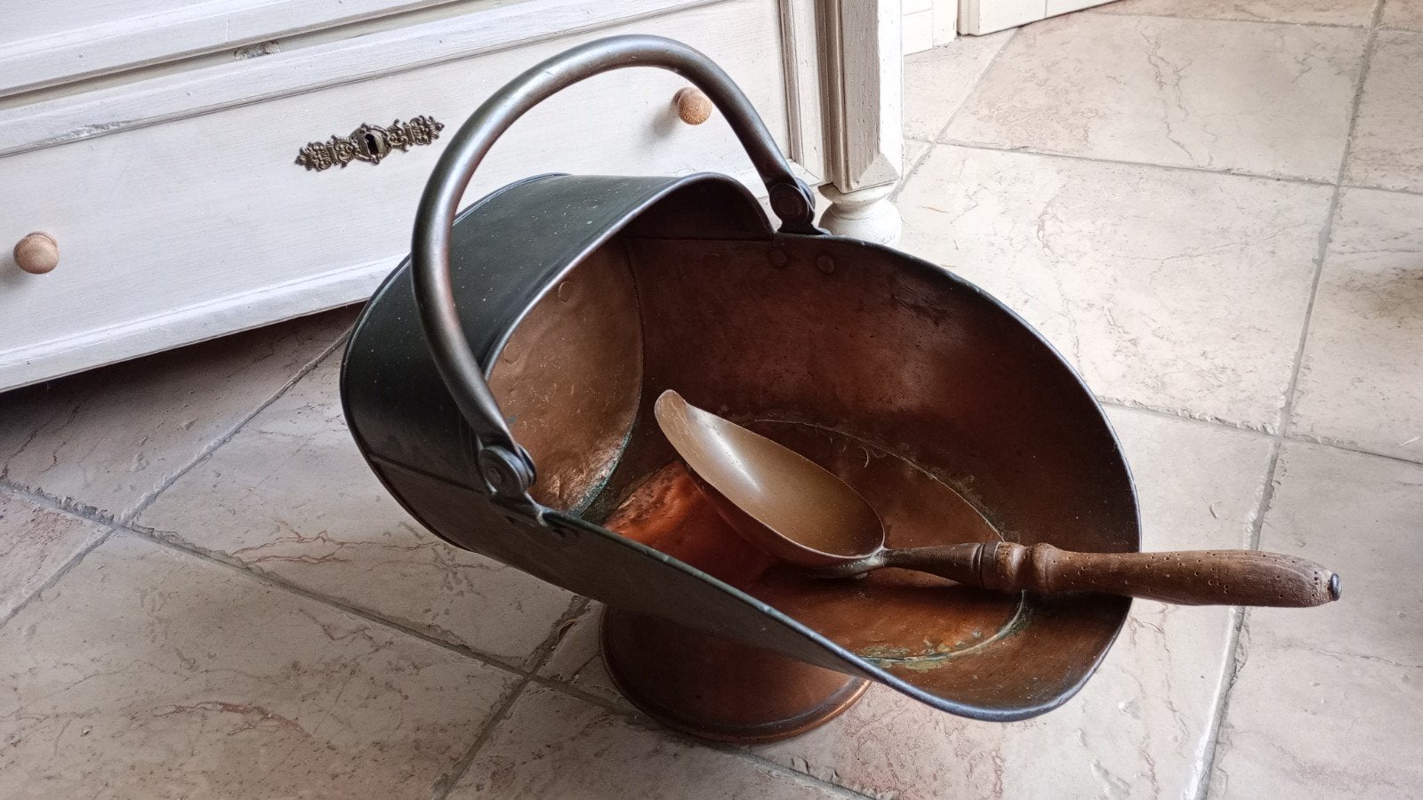 Antieke koperen kolenkit met schep, Ophalen, Koper