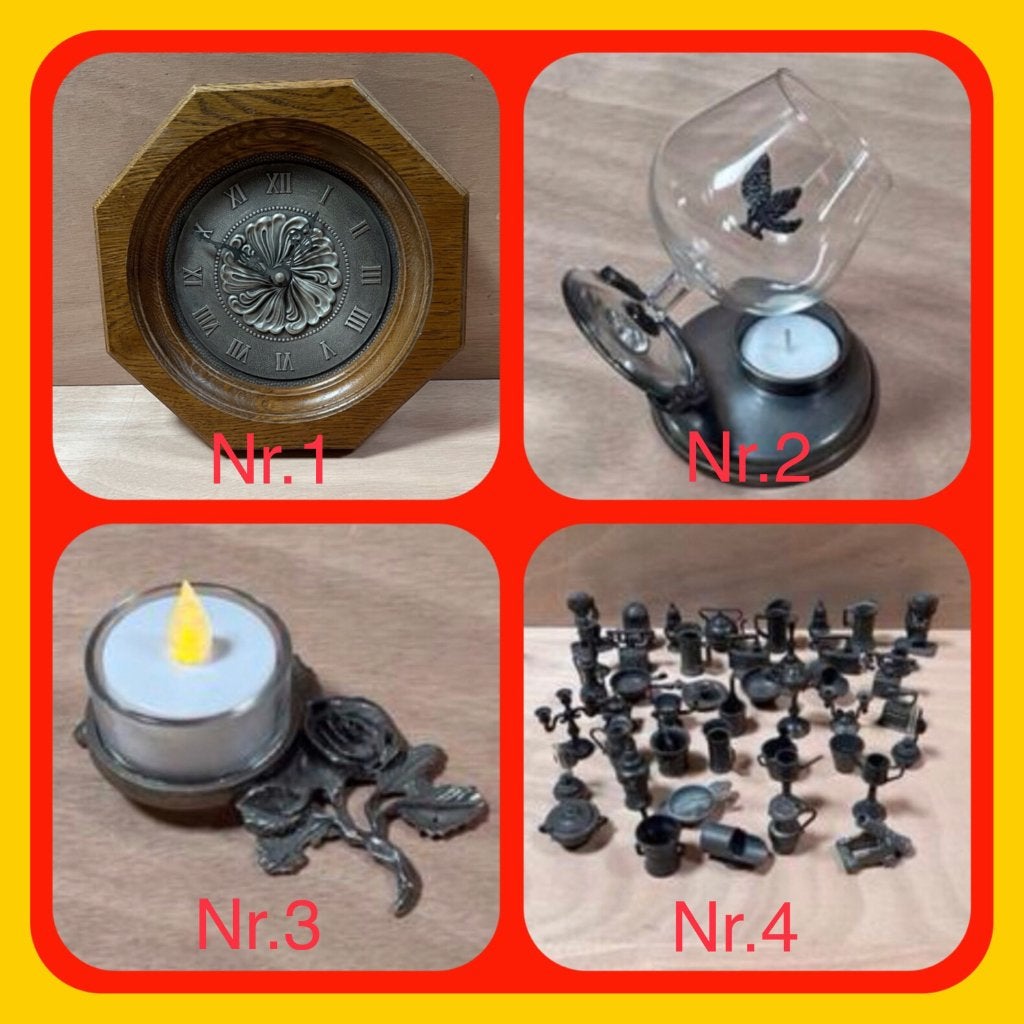086 Diverse Tinnen voorwerpen miniaturen / klok, Ophalen of Verzenden