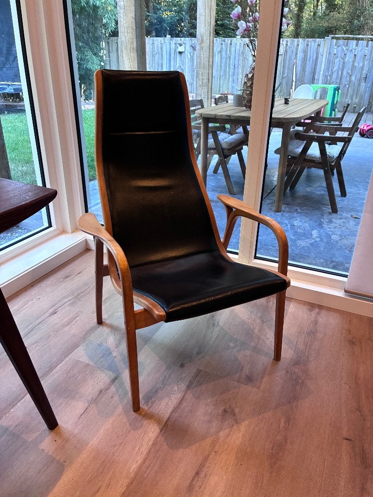 Lamino Fauteuil - Zwart Leer - Yngve Ekström - Swedese, Huis en Inrichting, Fauteuils, Ophalen, Gebruikt, 75 tot 100 cm, Leer