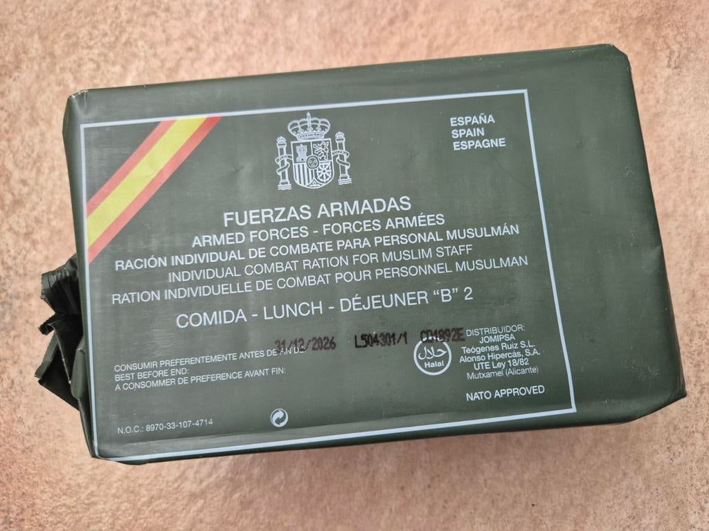 B2 ( halal) Spaans Halal MRE Rantsoen - Leger Maaltijd, Ophalen of Verzenden, Landmacht, Overige gebieden, Overige typen