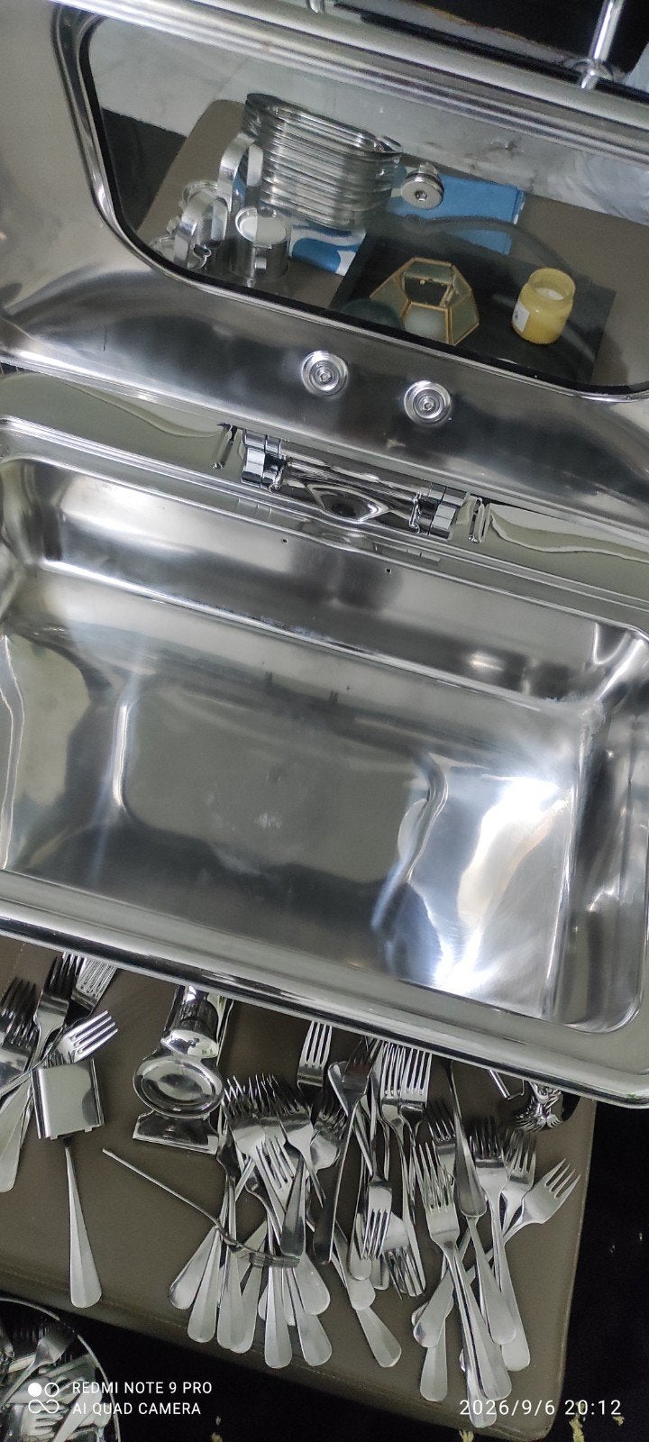 Chafing dish met bestek, afmetingen 45x60 cm, Bestekset, Ophalen of Verzenden, Zo goed als nieuw, Rvs of Chroom