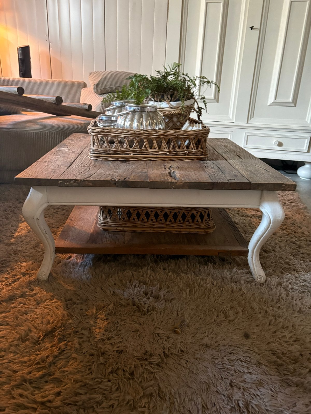 Rivièra Maison salontafel 90x90 met rieten manden, Huis en Inrichting, Ophalen, Gebruikt, Vierkant, 50 tot 100 cm