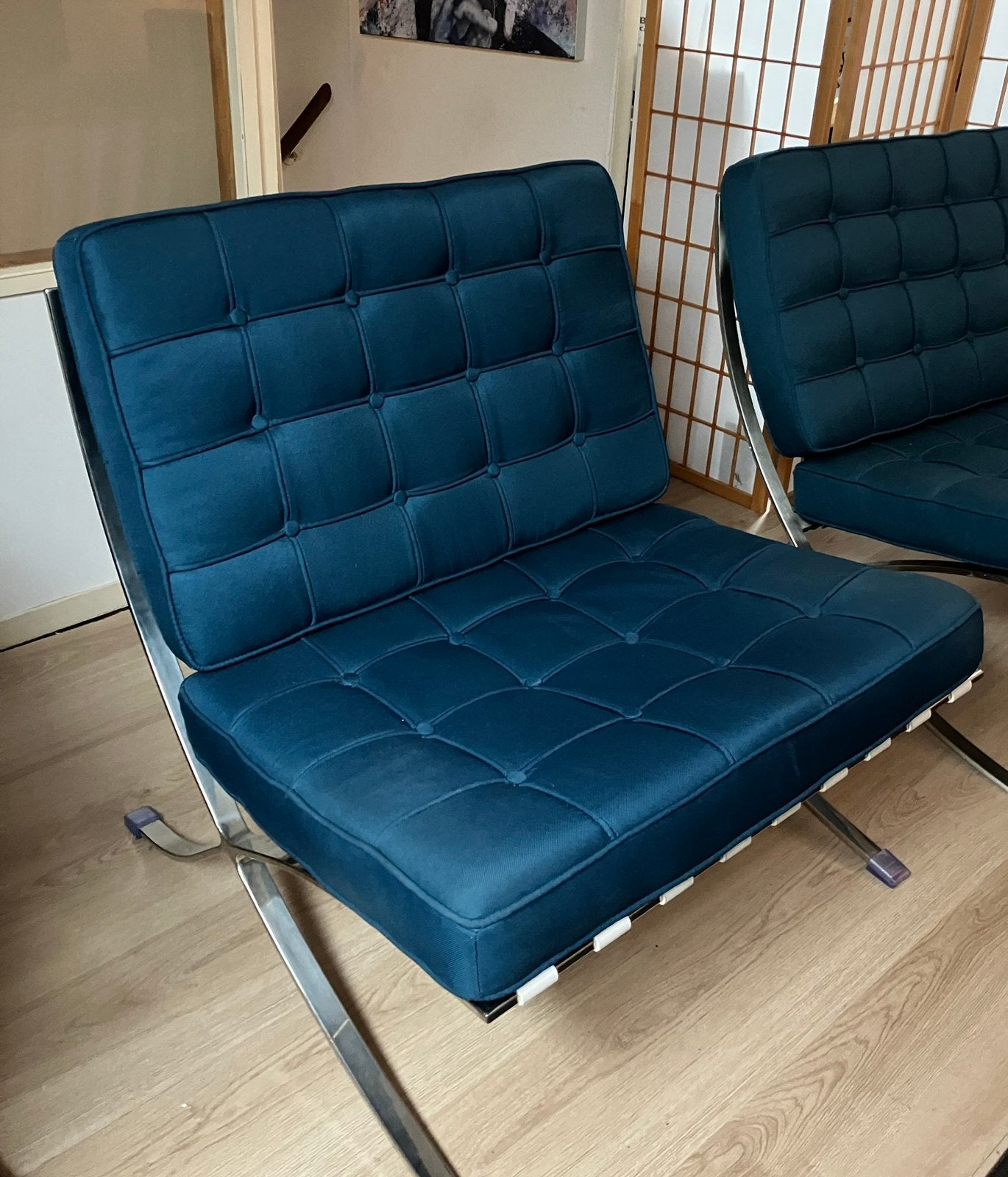 Kussen set Barcelona Chair - blauw stof, Ophalen, Gebruikt, 75 tot 100 cm, Stof