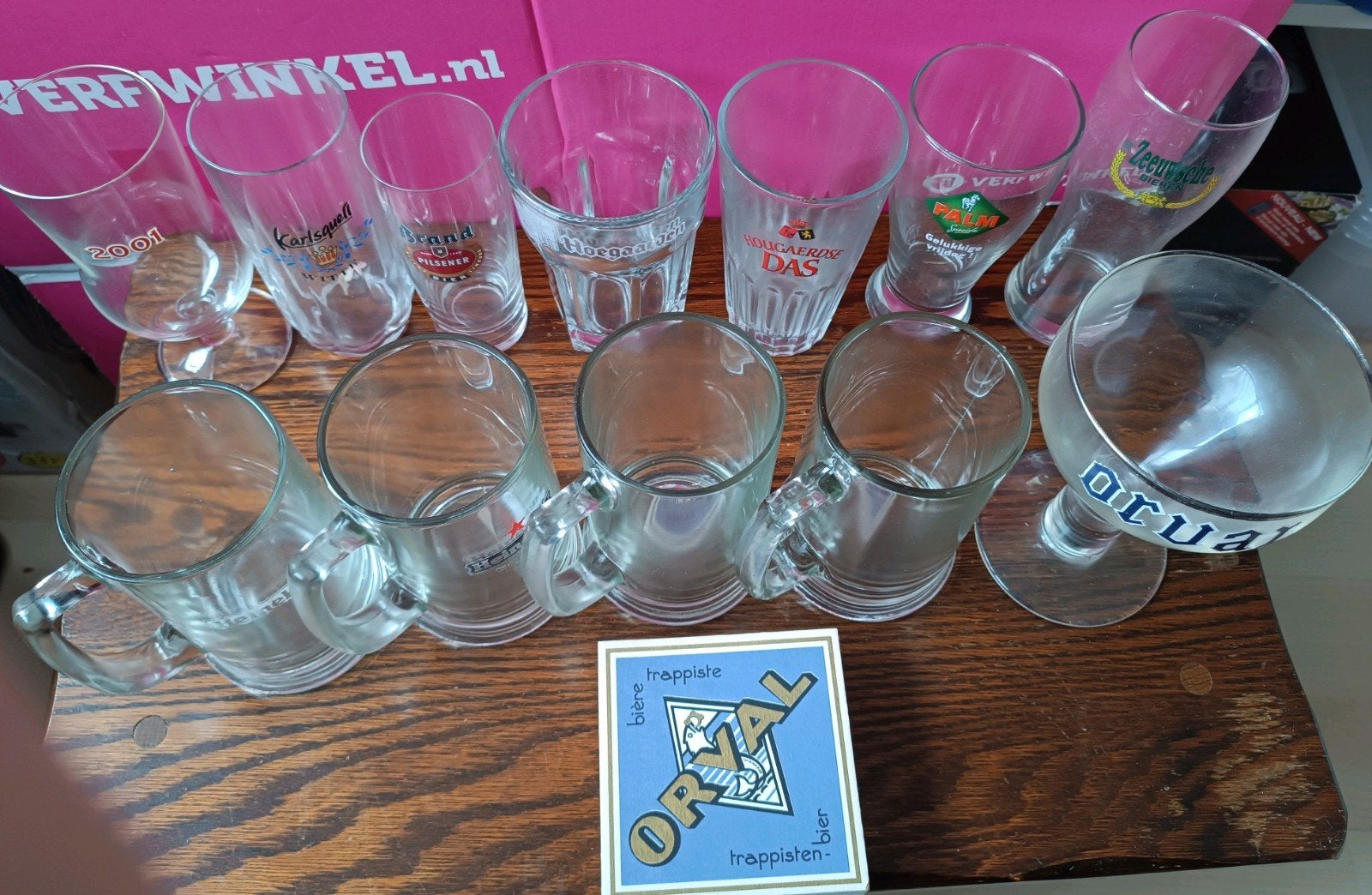 Verzameling bierglazen en pullen met Orval viltjes, Verzamelen, Ophalen of Verzenden, Gebruikt
