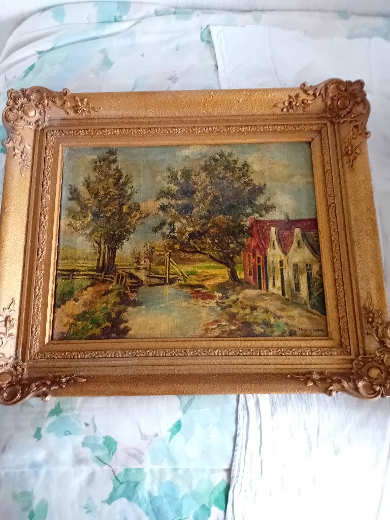 oud schilderij dorpje, Ophalen, Landschap