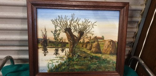 schilderij bomen water hooi en bergen, Ophalen of Verzenden, 'T Olde Gre-j, Info@toldegrej.nl, Endepoelstraat 20f Didam