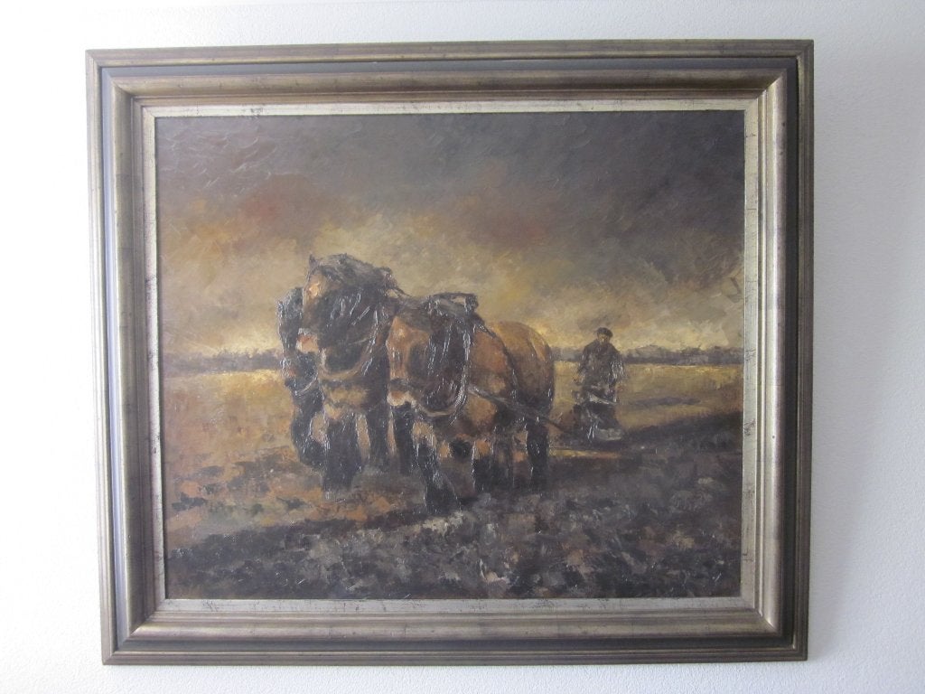 schilderij boer achter ploeg paarden van Henri Hess, Ophalen, Overige technieken, Overige onderwerpen, Doek