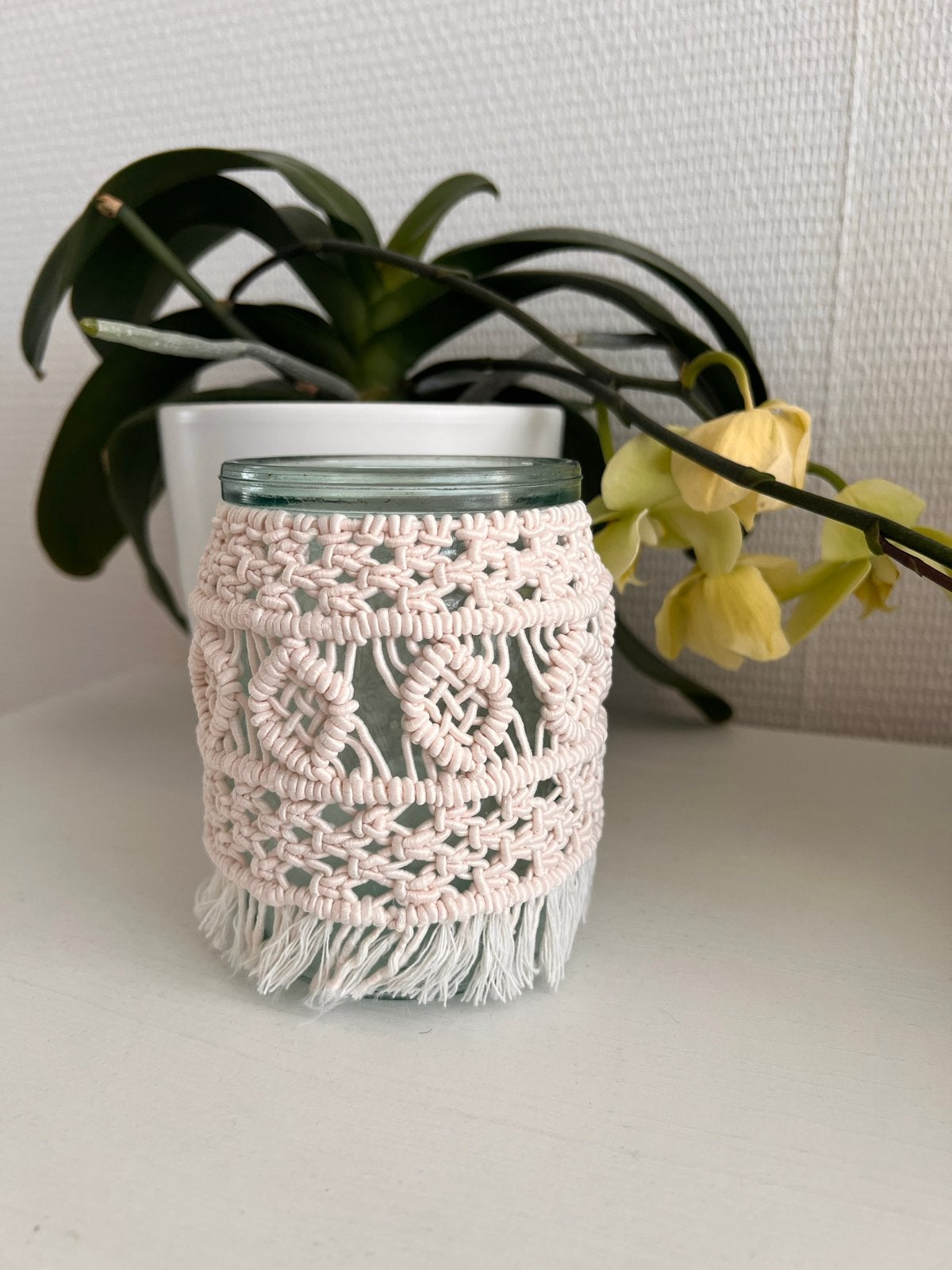 Macramé glazen potje - sfeervolle decoratie, Huis en Inrichting, Woonaccessoires | Overige, Boho, Ophalen of Verzenden, Zo goed als nieuw