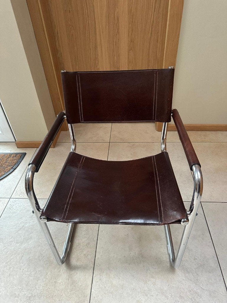 Mart Stam design stoel buizenframe met donkerbruin tuigleer., Ophalen, Gebruikt, Bruin, Design jaren tachtig