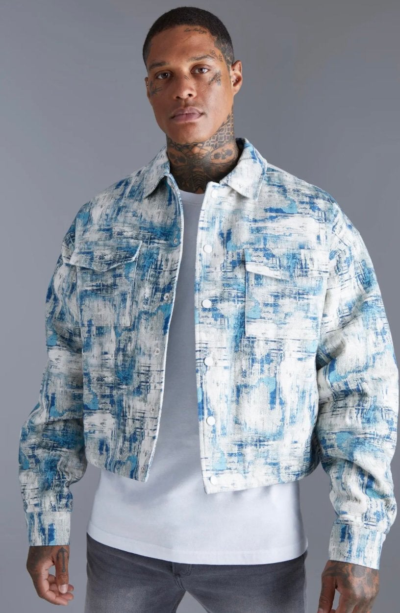 Boohoo Man Jas Boxy Abstract Jacket Blauw Wit - M, Ophalen of Verzenden, Nieuw, Blauw