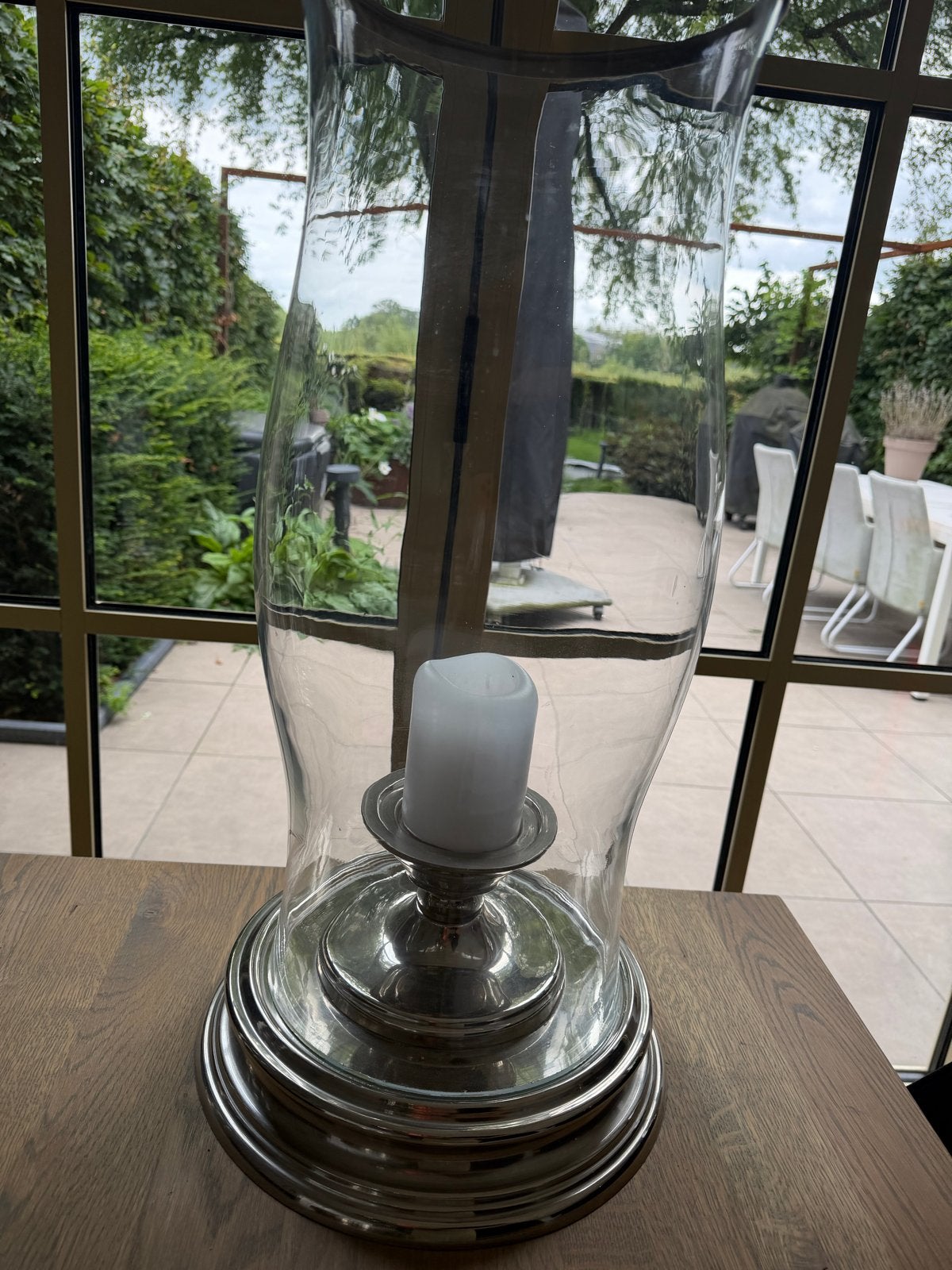 Stijlvol Windlicht met Glazen Kap en Sokkel - 61 cm Hoog, Ophalen, Gebruikt, Glas, Windlicht