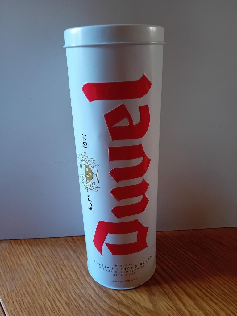 Duvel metalen geschenk- of bewaarkoker 10cm-31cm hoog, Ophalen of Verzenden, Gebruikt, Glas of Glazen, Duvel