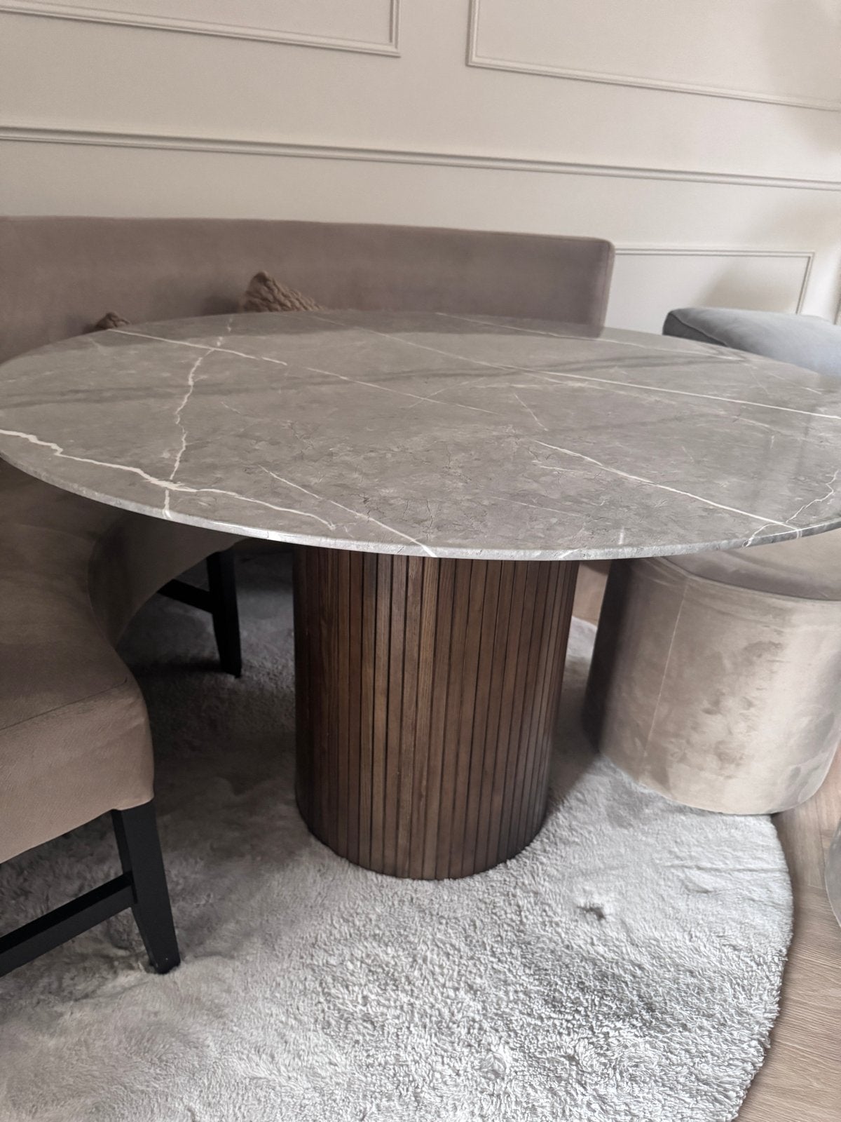 Ronde eettafel met marmerlook blad en houten poot, Ophalen, 50 tot 100 cm, 100 tot 150 cm, Rond