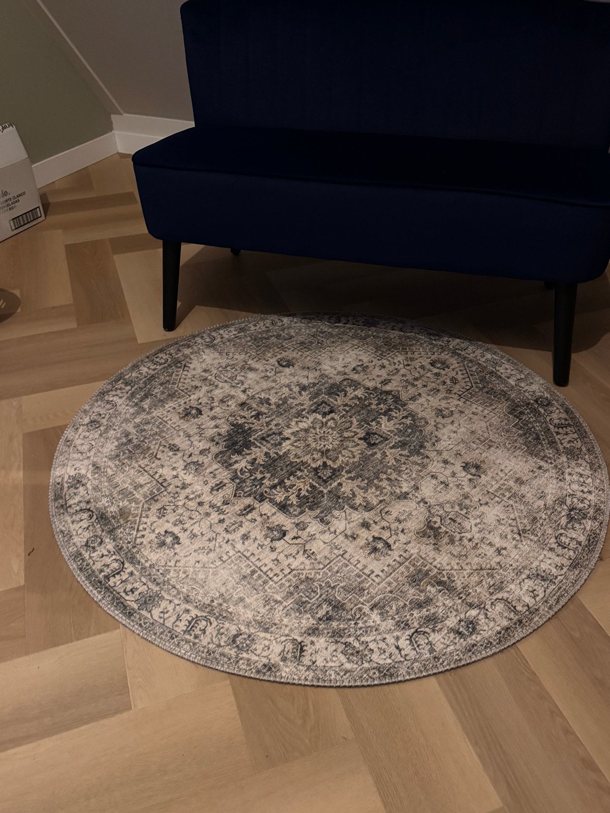 Rond vloerkleed 120cm vintage look grijs blauw, Ophalen, 100 tot 150 cm, Rond, Zo goed als nieuw