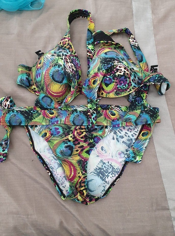 Kleurrijke Bikini met Pauwenveerprint maat L, Ophalen of Verzenden, Zo goed als nieuw, Meerkleurig, Bikini