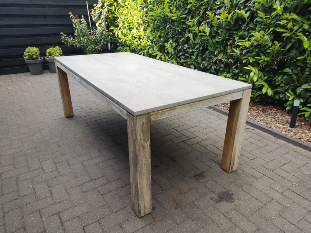 Tuintafel beton look blad en hout/staal onderstel 210x100, Tuin en Terras, Tuintafels, Ophalen, Gebruikt, Rechthoekig, Hout