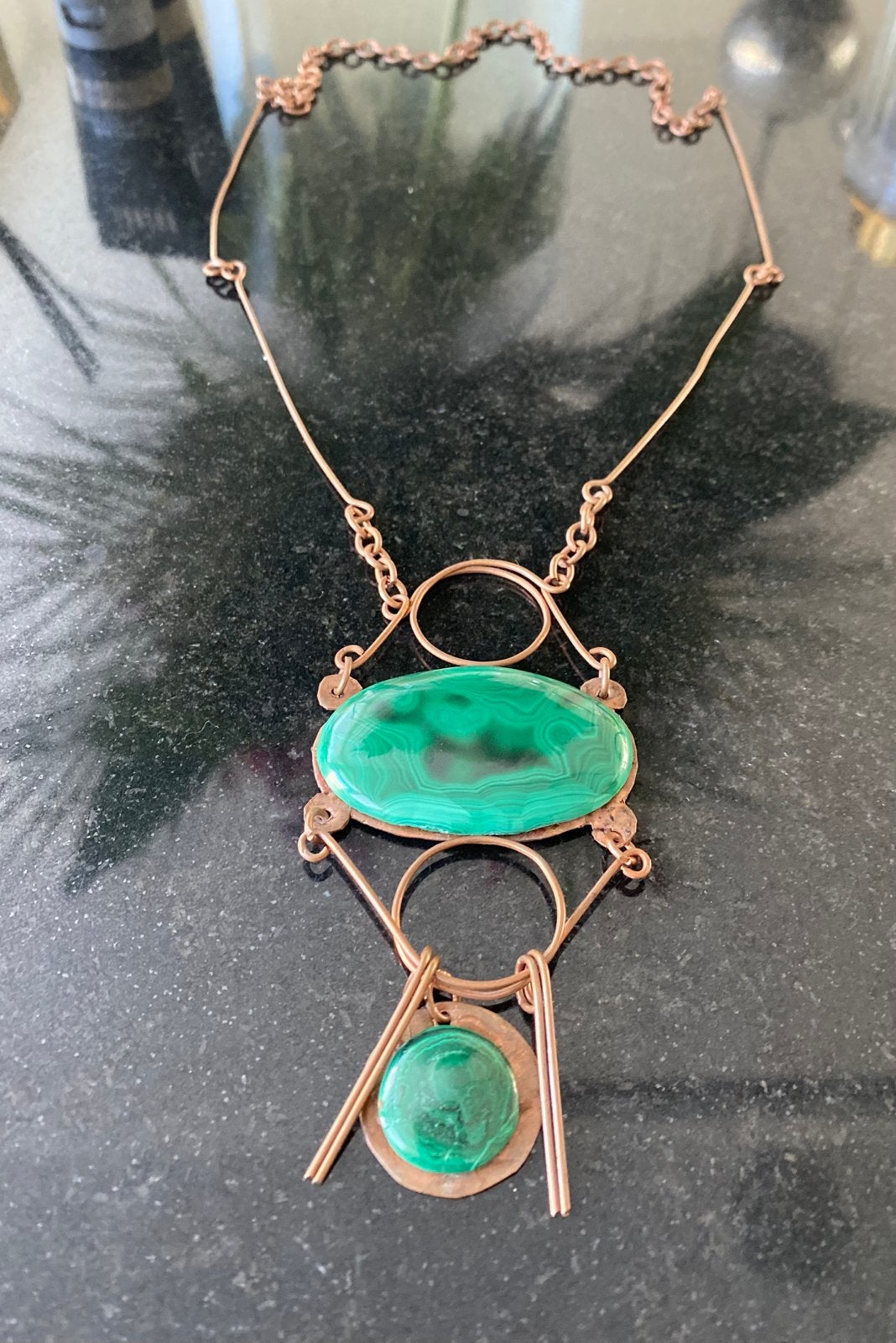 Vintage koperen ketting met edelstenen malachiet, Sieraden, Tassen en Uiterlijk, Kettingen, Ophalen of Verzenden, Zo goed als nieuw