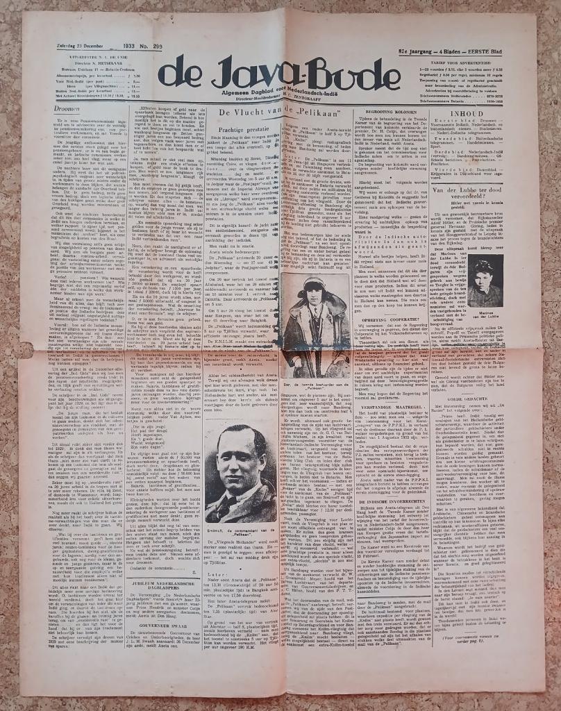 De Javabode vlucht Pelikaan Fokker krant 1933 Indië, Gebruikt, Verzenden, Kaart, Foto of Prent, X