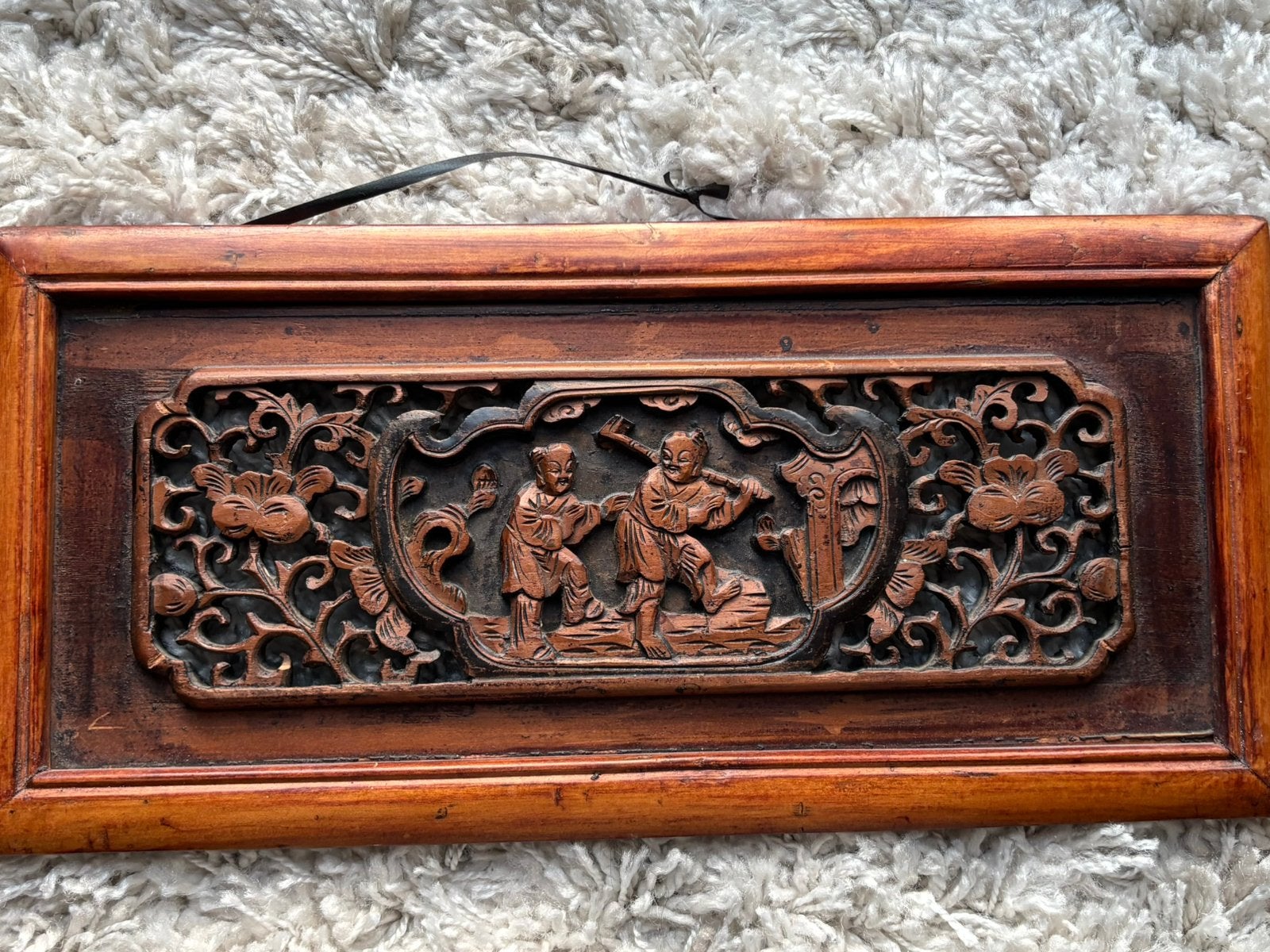 Antiek Chinees ajour houtsnijwerk wandpaneel - 40x20 cm, Ophalen of Verzenden