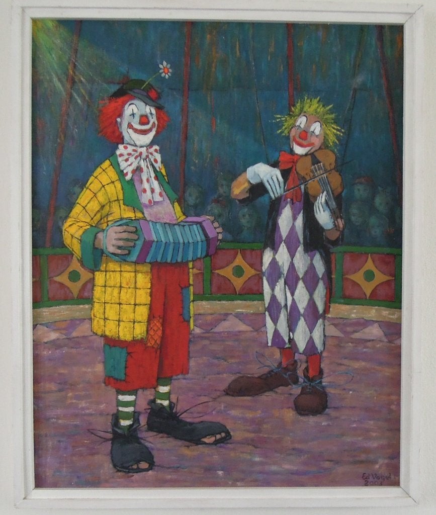 Prachtschilderij  de 2 Clowns  van Ed Vogel ca.1980, Ophalen, Overige stijlen, Doek, Portret of Personen