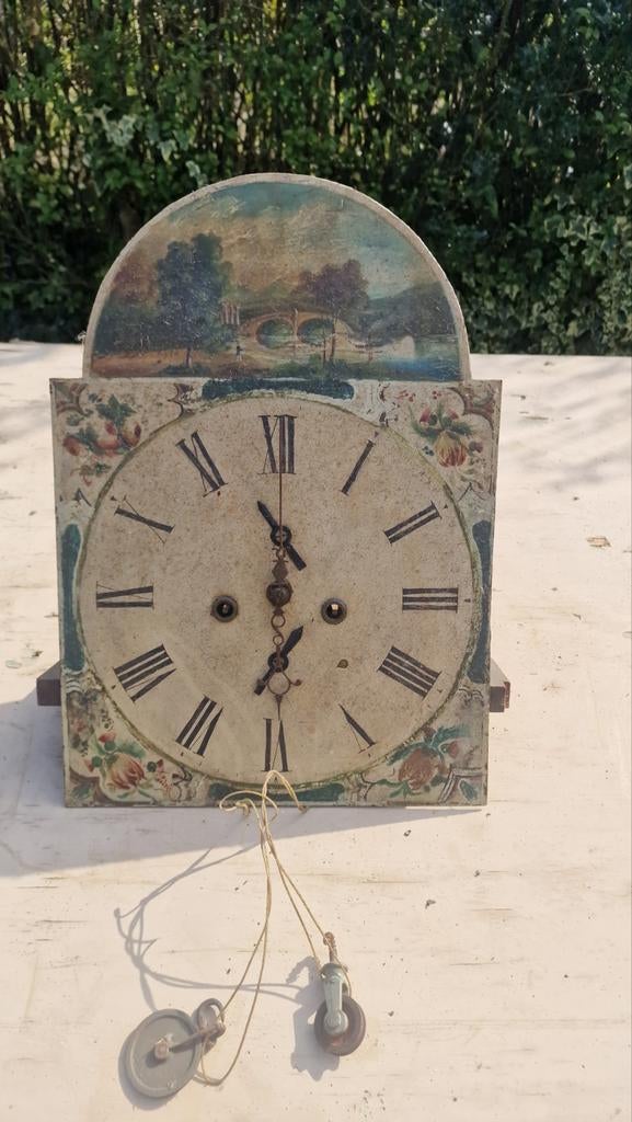 Antieke klok met handgeschilderd landschap en bloemen, Ophalen of Verzenden