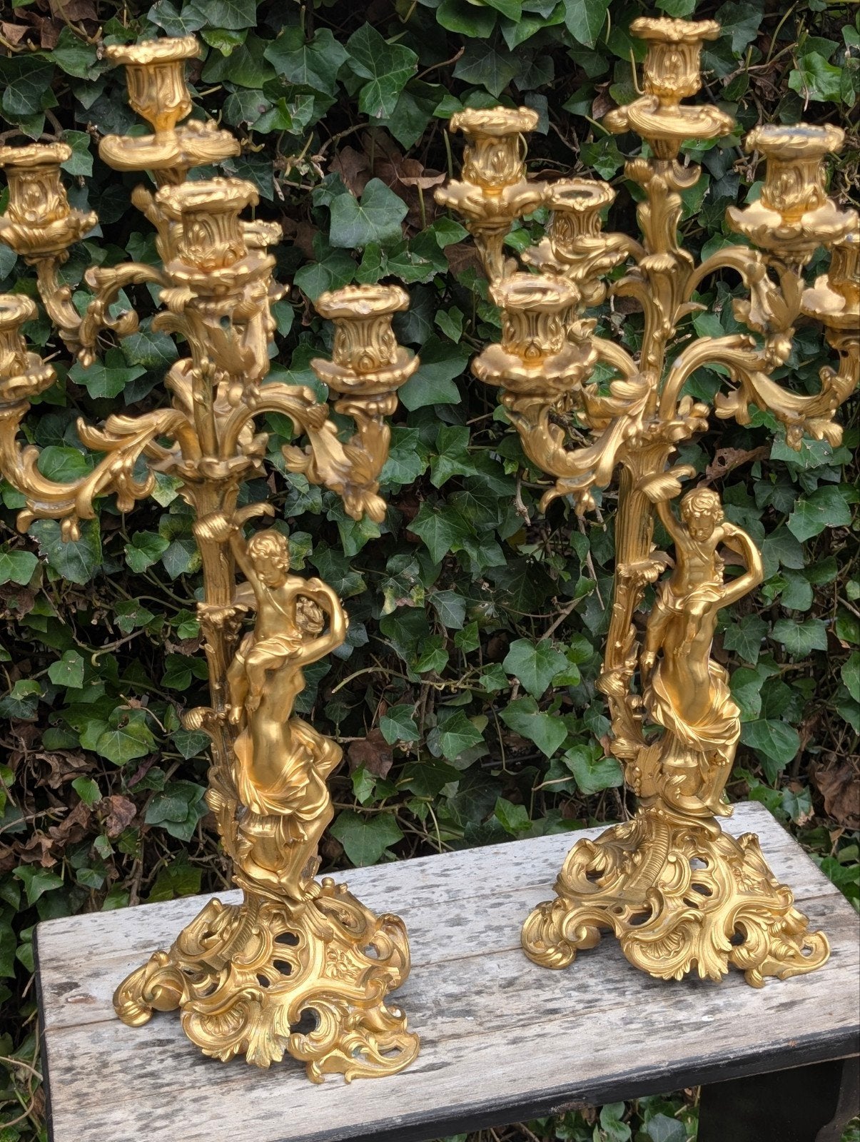 2 antieke vuurvergulde bronzen kandelaars. 60 h, Antiek en Kunst, Ophalen, Koper of Brons