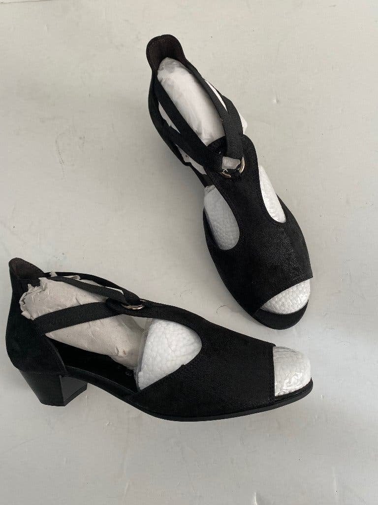 K282 Gabor maat 40/H leren sandalen open lage schoenen zwart, Zwart, Gabor, Zo goed als nieuw, Sandalen of Muiltjes