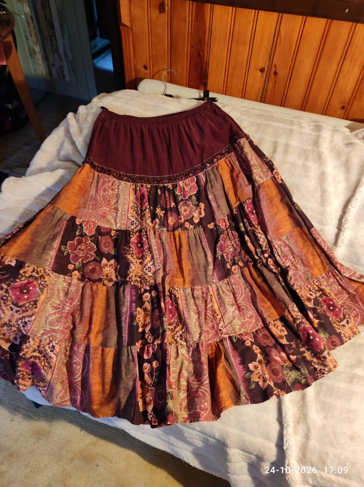 Bohemian Maxi Rok met Patchwork en Kralen - Maat M, Maat 38/40 (M), First Lady, Meerkleurig, Ophalen of Verzenden
