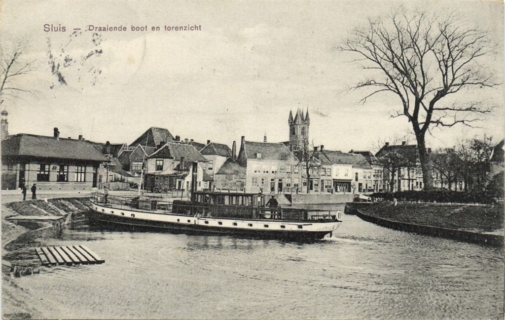 Sluis - Draaiende boot en torenzicht - 1908 gelopen, Verzenden, Voor 1920, Gelopen, Zeeland