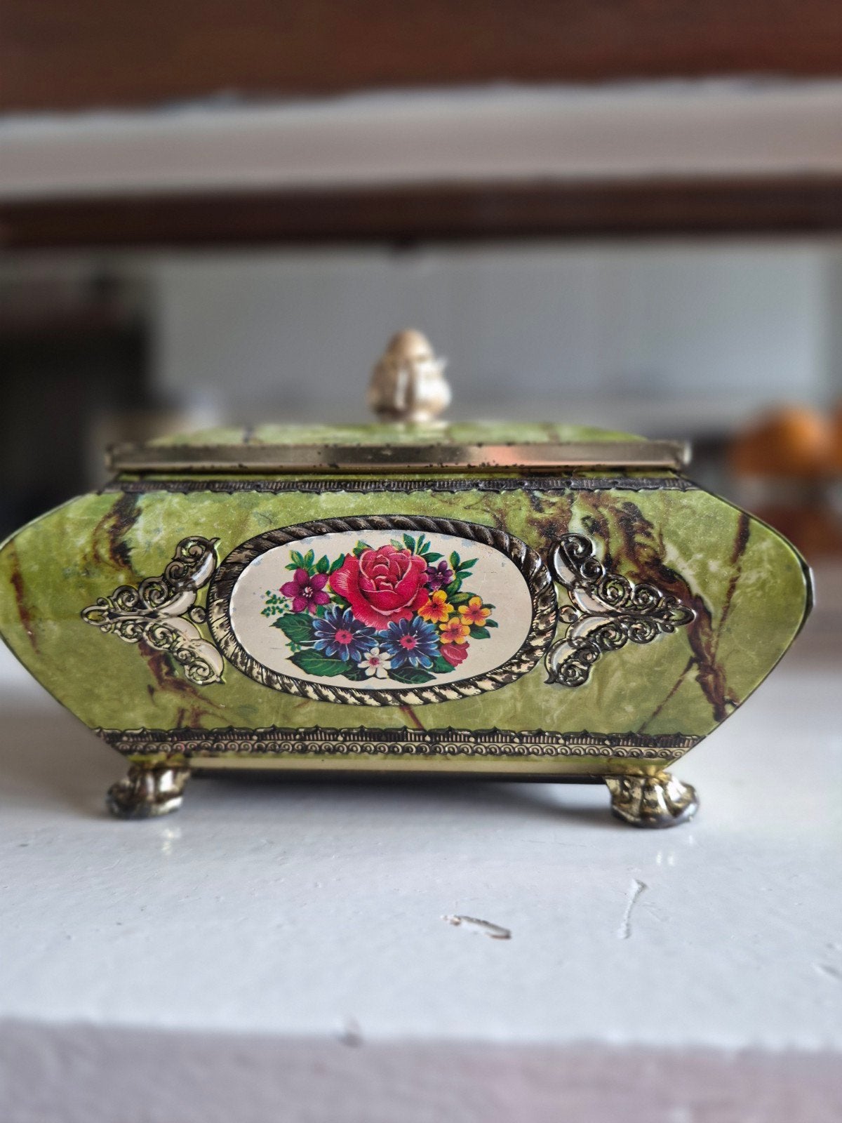 Vintage Groene Marmerlook Doosje met Bloemen, Antiek en Kunst, Ophalen of Verzenden