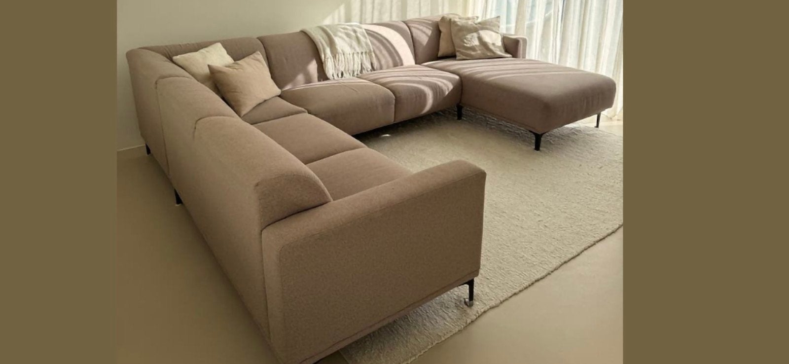 U-bank Eijerkamp beige/taupe 4 delen, professioneel gereinig, Huis en Inrichting, Banken | Complete zithoeken, Gebruikt, Stof