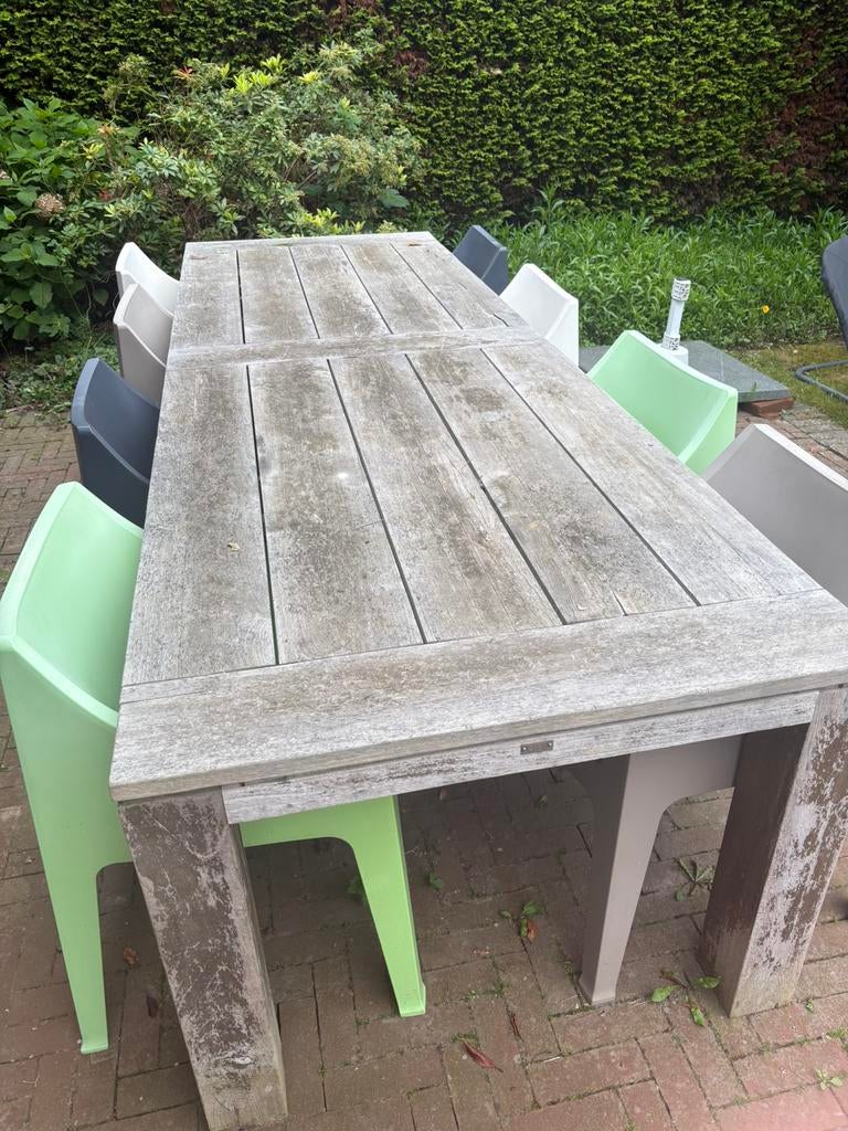 Tuintafel teakhout (3m x 1m) en 8 stoelen, Tuin en Terras, Ophalen, Gebruikt, Teakhout, 8 zitplaatsen