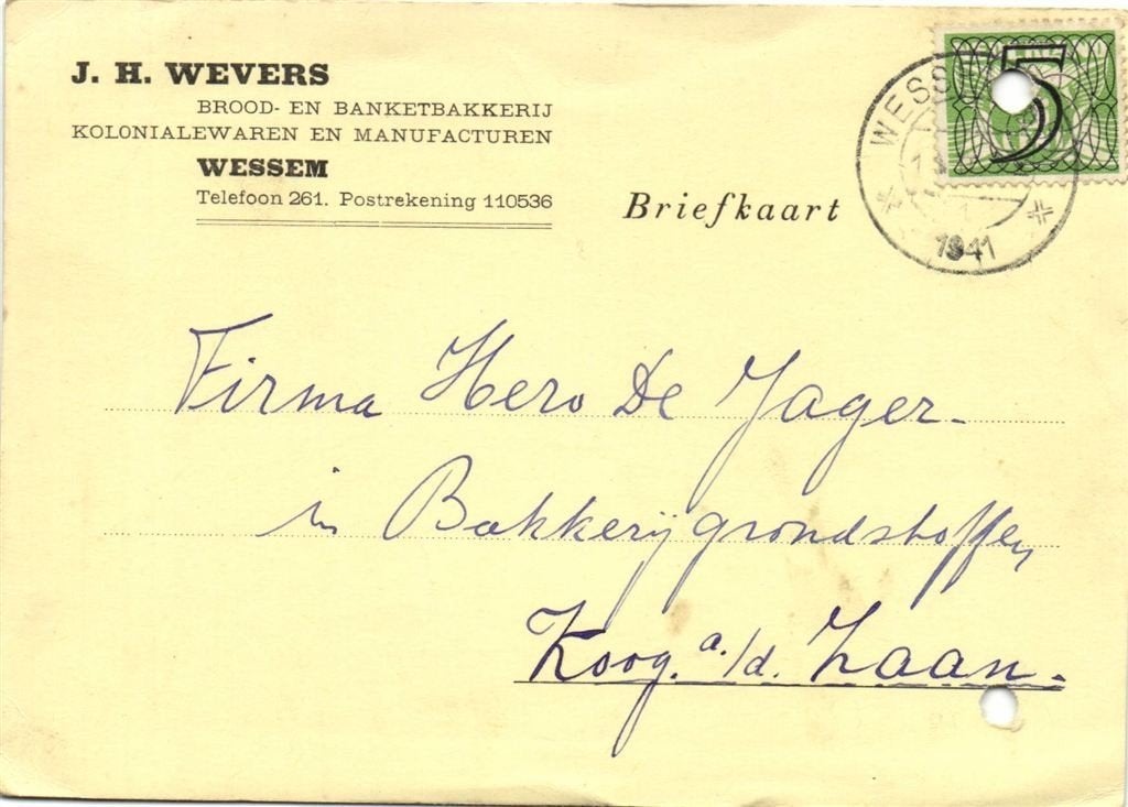 J.H. Wevers, Wessem - 02.1941 - briefkaart, Ophalen of Verzenden, Briefkaart