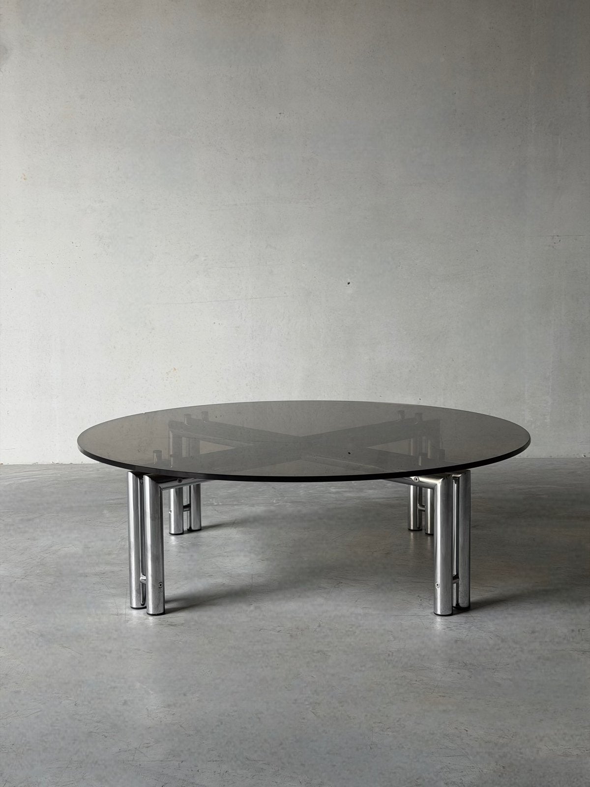 Vintage design chroom ronde salontafel, Ophalen, Rond, 50 tot 100 cm, Glas