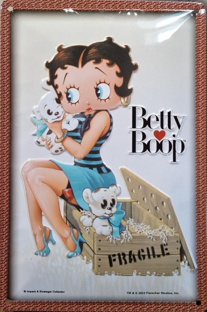 Betty Boop Puppy . Metalen wandbord in reliëf 20 x 30 cm., Nieuw, Ophalen of Verzenden, Plaatje, Poster of Sticker, Betty Boop