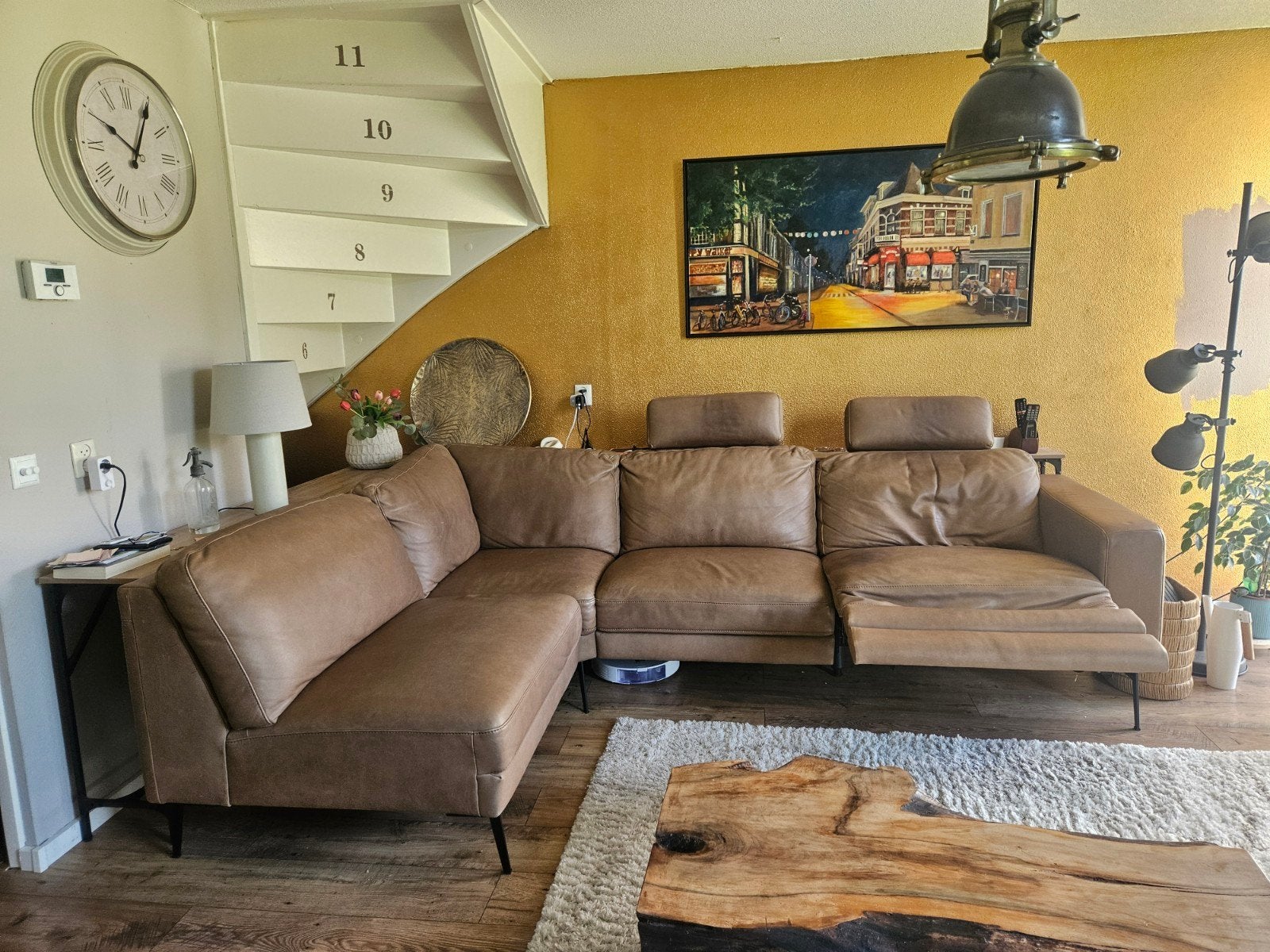 Leren hoekbank met relaxfunctie en hoofdsteunen, Ophalen, 250 tot 300 cm, Gebruikt, Hoekbank