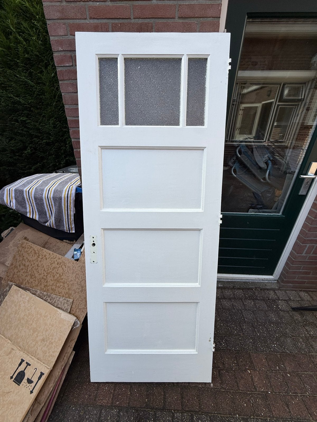 TEAB: 2 geschuurde binnendeuren met raampjes - 201x77x3.5 cm, Ophalen, Gebruikt, Minder dan 80 cm, Binnendeur
