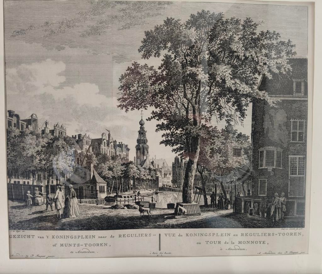 Ets gezicht van 't Koningsplein naar Munttoren, Amsterdam, Antiek en Kunst, Ets, Stadsgezicht, Ophalen of Verzenden, Origineel