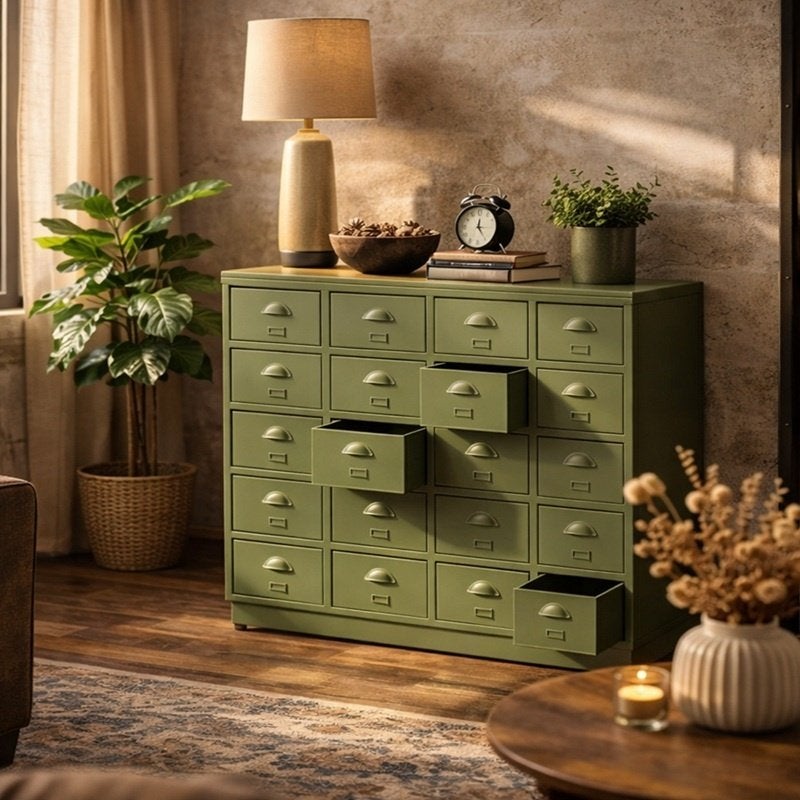 IJzeren Refurbished Vintage Industriële Ladekast Groen Kast, Huis en Inrichting, Info@dehanzeherten.nl, 5 laden of meer, Nieuw