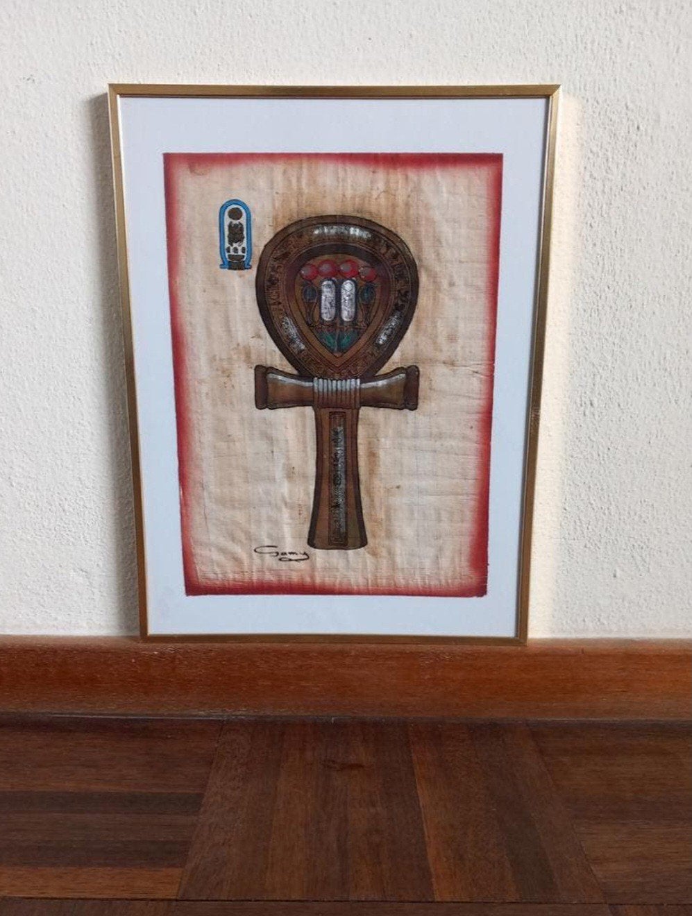 Egyptisch Ankh teken op papyrus papier, + lijst > geldrop, Antiek en Kunst, Ophalen