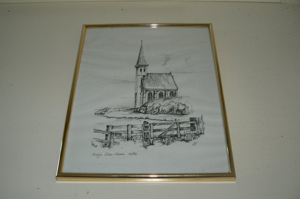 Ingelijste tekening Hoornder kerkje Den Hoorn Texel 1986, Minder dan 50 cm, Tekening, Ophalen of Verzenden, Zo goed als nieuw
